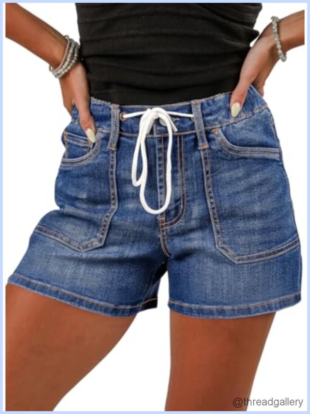 High Waisted Drawstring Denim Jean Shorts with Pockets